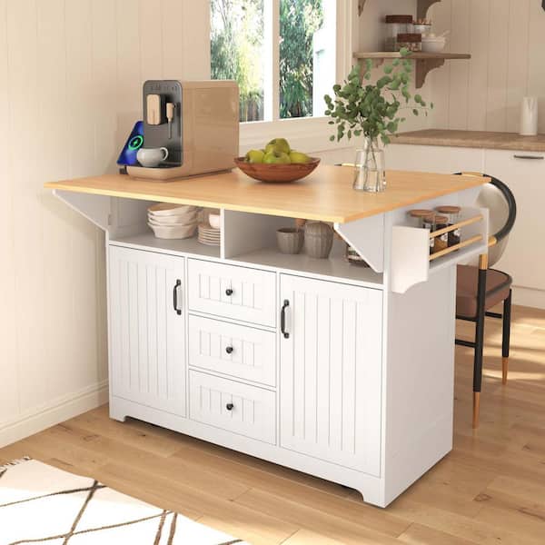 Unbranded White Wood 55.7 in. Kitchen Island with 2 Drop Leaf, Kitchen Island Cart with Power Outlet, Folding Storage Dining Table