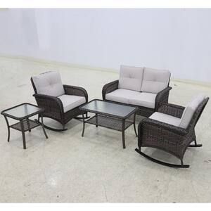 5-Piece Brown Wicker Patio Sofa Set Loveseat and 2 Rocking Chairs with Beige Cushions, Side Table and Coffee Table