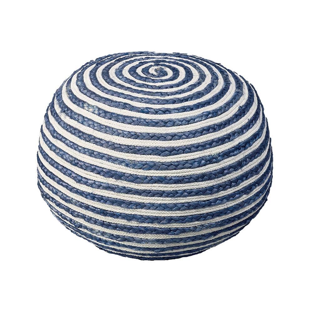 Seafaring Striped Braided Jute-Cotton Pouf, Blue/White, 20"x14"