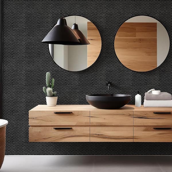 1" Hexagon Black 11.375 in. x 11.625 in. Matte Glass Wall and Floor Mosaic Tile (9.18 sq. ft./Case)