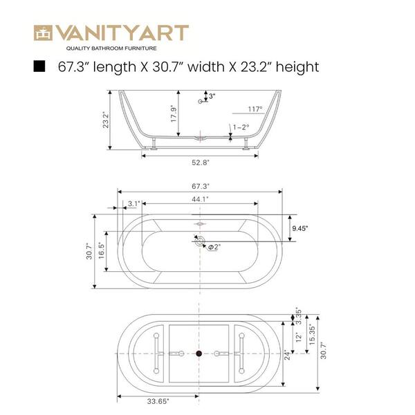 Vanity Art Cergy 67.7 in. Acrylic Flatbottom Freestanding Bathtub in White