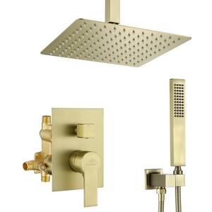 1-Spray Patterns 2.66 GPM 10 in. Ceiling Mounted Dual Shower Heads with Rough-In Valve Body and Trim in Brushed Gold