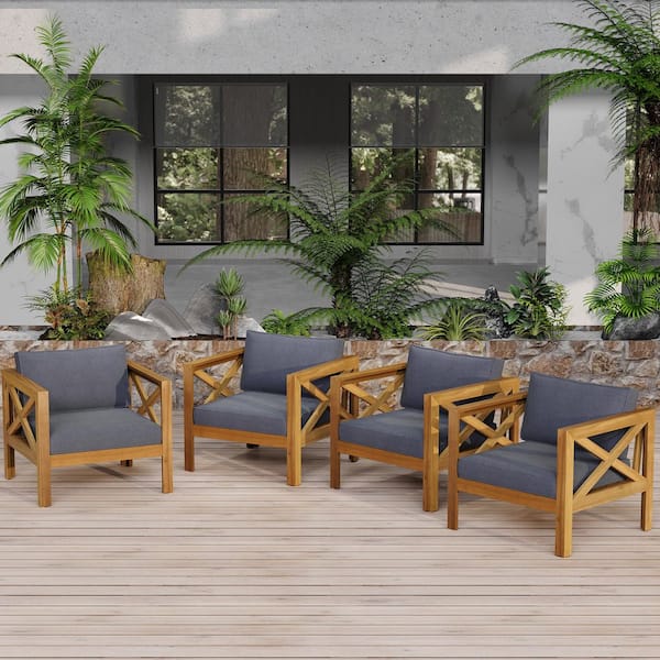 Acacia Wood Outdoor Lounge Chair, Club Wooden Armchair with Grey Cushions (4-Pack)For Outdoor Gatherings