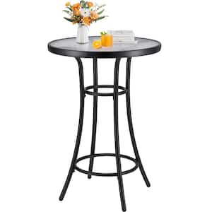 Outdoor Dining Table Bar Height Glass Table Metal All-Weather Round Glass Table Bistro Table Tempered Glass TopBlack