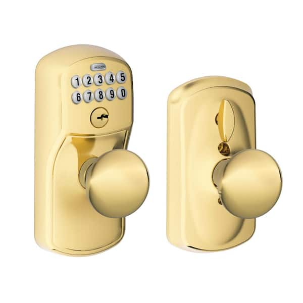 Schlage Plymouth Bright Brass Electronic Keypad Door Lock with Plymouth Knob and Flex Lock