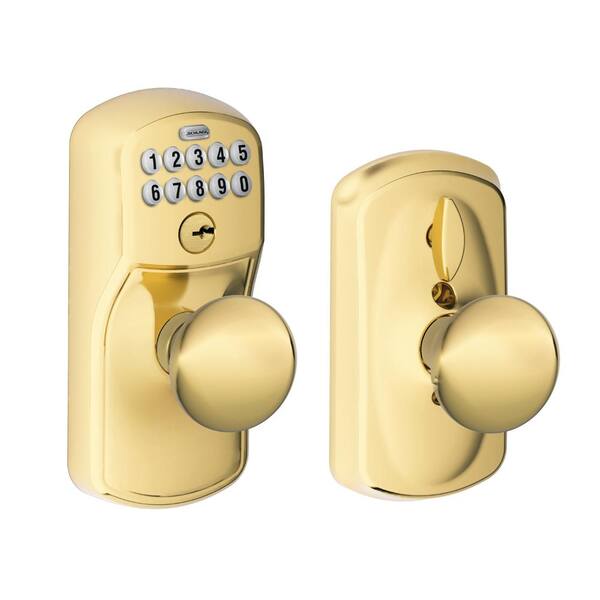 Schlage Plymouth Bright Brass Electronic Door Lock with Plymouth Door Knob Featuring Flex Lock