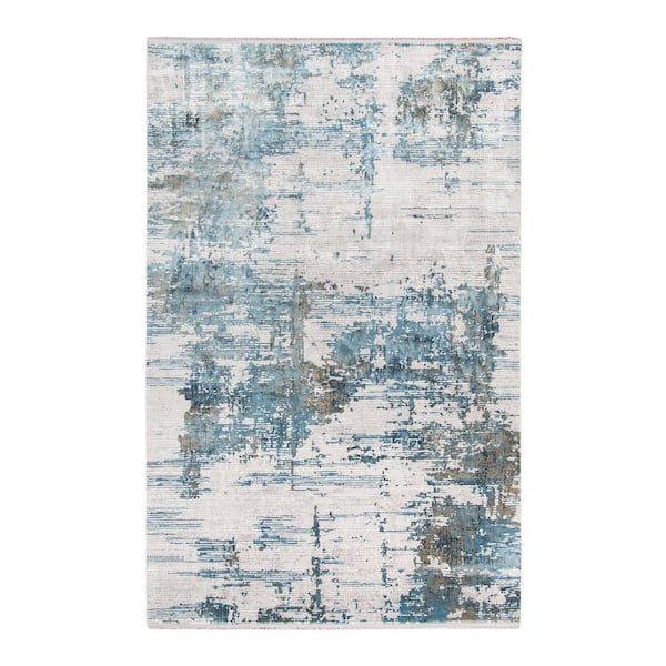 5 ft. x 8 ft. Ivory Blue And Brown Abstract Area Rug With Fringe