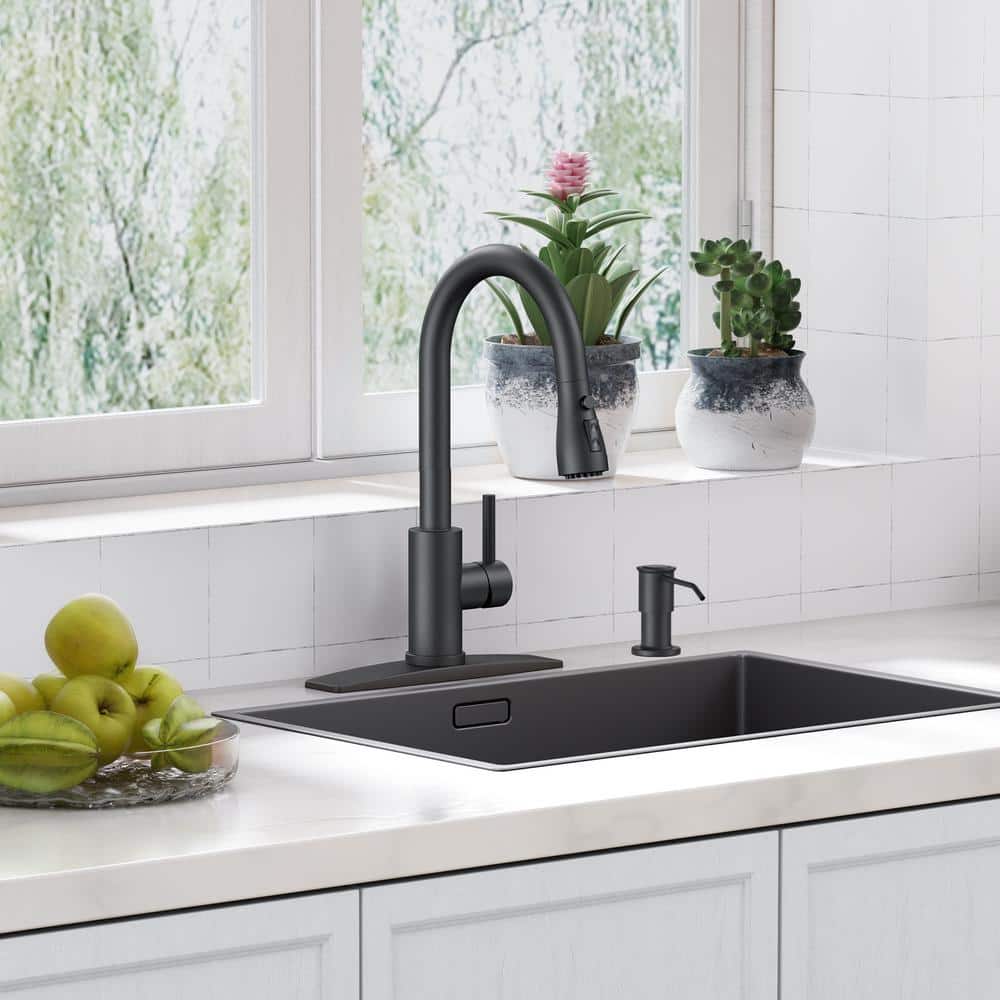Matte Black Single Handle Pull Down Kitchen Faucet with Soap Dispenser