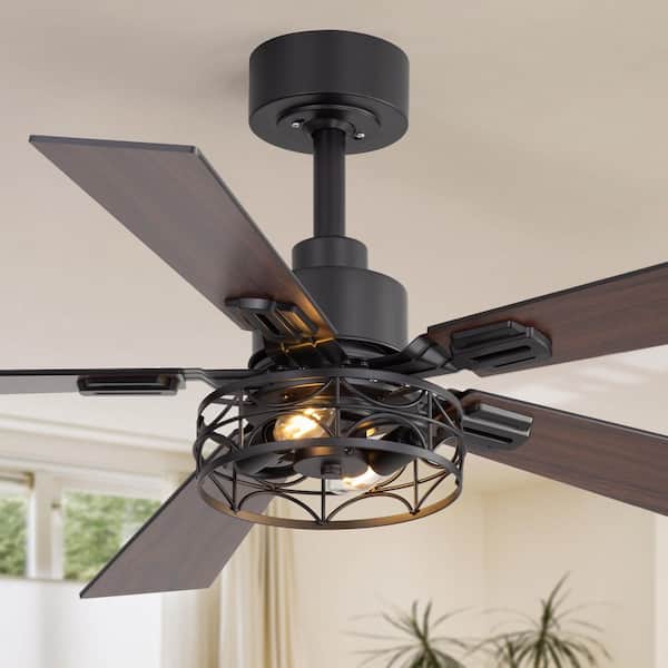 42 in. Black Farmhouse Ceiling Fan with Caged Light Kit, Downrod, Black/Brown Blade and Remote Control Included