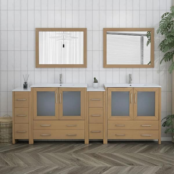 96 in. W x 18 in. D x 36 in. H Natural Oak Bath Vanity with White Ceramic Top and Mirror
