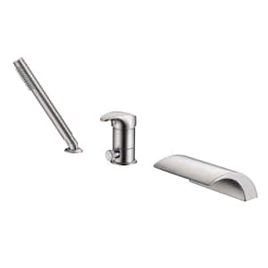 Modern Single Handle Deck Mount Roman Tub Faucet with Hand Shower in Brushed Nickel