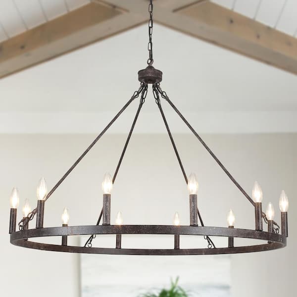 LWYTJO Moomal 12-Light Antique Brown Farmhouse Candle Dimmable Wagon Wheel Chandelier for Living Room Kitchen Island Dining
