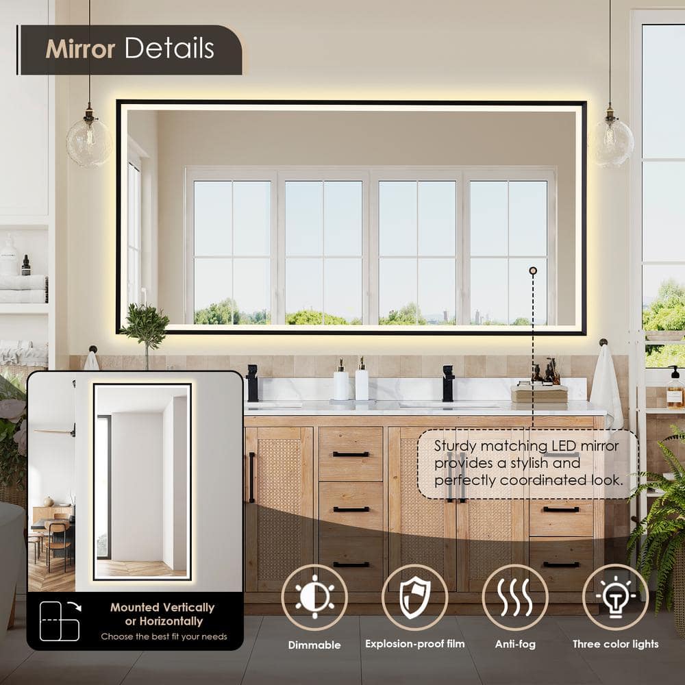 Floral 84" Light Brown Fir Wood Vanity with Calacatta White Quartz Top and Mirror