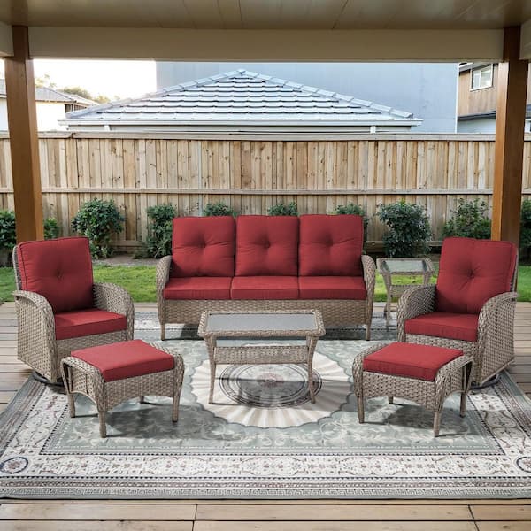 PlainCurve 7-Piece Gray Wicker Patio Conversation Set with Swivel Glider Chairs and Olefin Red Cushions