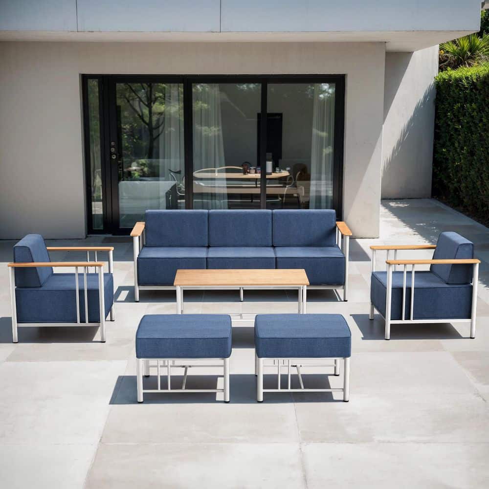 Puffin 6-Piece White Metal Patio Conversation Set with Sofa, Armchairs and 10 in. Thick Navy Blue Olefin Cushions price history on PriceWatchPro