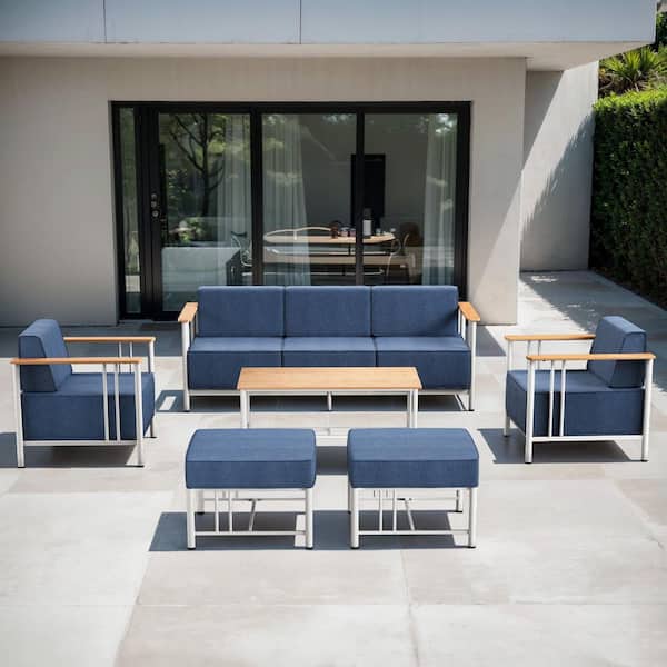 Puffin 6-Piece White Metal Patio Conversation Set with Sofa, Armchairs and 10 in. Thick Navy Blue Olefin Cushions
