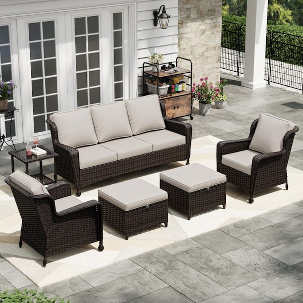 Esunny 6-Piece Wicker Outdoor Patio Conversation Set Chat Set with Beige Cushions 1 Couch, 2 Chairs, 2 Ottomans and 1 Table
