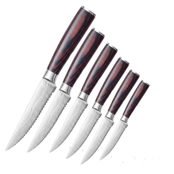 4.5 in. High Carbon Stainless Steel Full Tang Serrated Steak Knife with Pakkawood Handle Set of 6