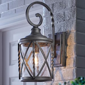 18.75 in. 1-Light Antique Pewter 18.75 in. Outdoor Wall Lantern Sconce with Seeded Glass