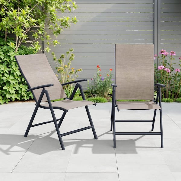 Metal Foldable Adjustable Back Outdoor Dining Chair in Espresso (2-Pack)