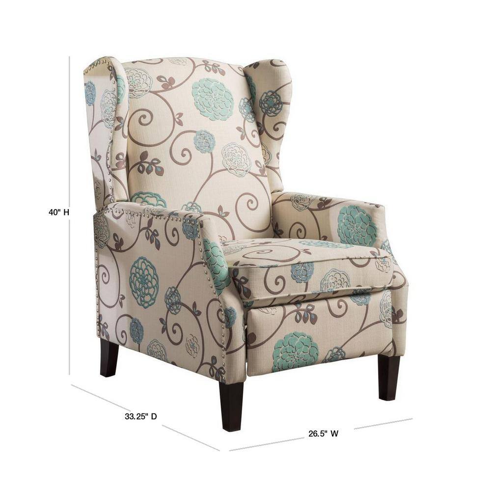 Handcrafted White Floral Polyester Recliner with Wingback Design