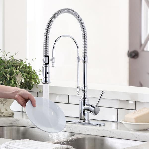 Single Handle Deck Mount Gooseneck Pull Down Sprayer Kitchen Faucet in Polished Chrome