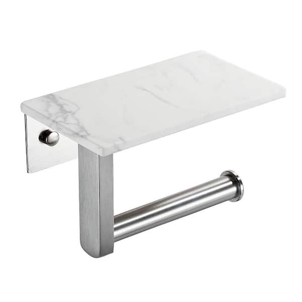 Wall Mount Toilet Paper Holder Bath Hardware Accessory with Natural Marble Shelf Tissue Storage Holder in Brushed Nickel