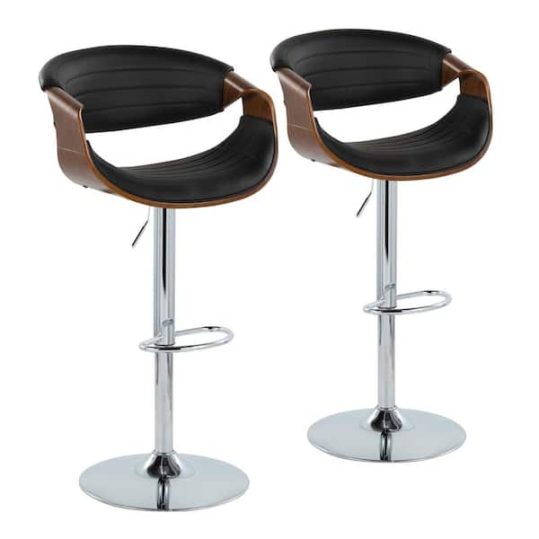Lumisource Symphony 42.5 in. Black Faux Leather, Walnut Wood and Chrome Metal Adjustable Bar Stool with Oval Footrest (Set of 2)