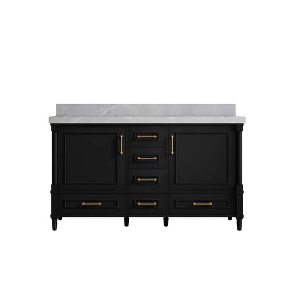 Willow Collections Hudson 60 in. W x 22 in. D x 36 in. H Double Sink Bath Vanity in Black with 2 in. Pearl Gray Quartz Top