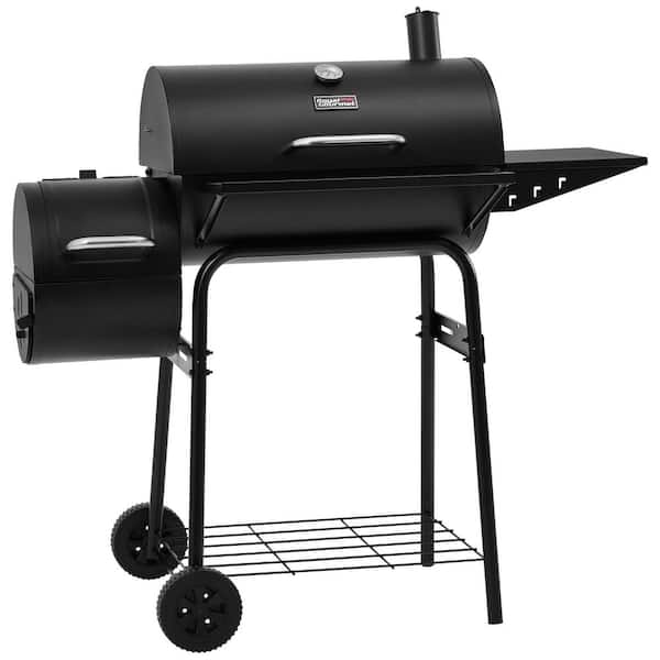 Barrel Charcoal Grill with Offset Smoker，Front & Side Shelves, Black
