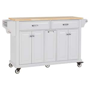 White Rubber Wood Kitchen Cart with 4-Door Cabinet, Three Drawers, Spice Rack and Towel Rack