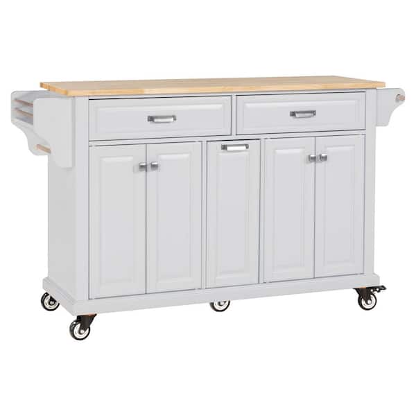 Unbranded White Rubber Wood Kitchen Cart with 4-Door Cabinet, Three Drawers, Spice Rack and Towel Rack