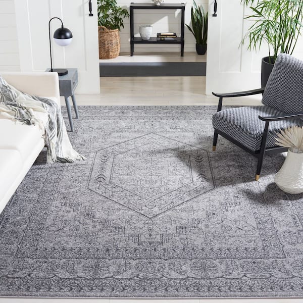 Adirondack 11 ft. x 15 ft. Light Gray/Dark Gray Border Medallion Area Rug