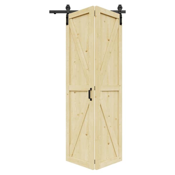 40 in. x 84 in. Paneled Pine Wood Solid Core Unfinished K Shape Composite Bi-fold Door with Bifold Barn Door Hardware