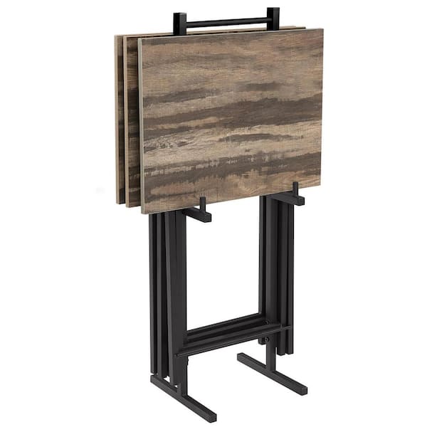 Angel Sar 26 in. Brown Metal Outdoor Dining Foldable Snack Tray Table 4 Piece UBTS5611