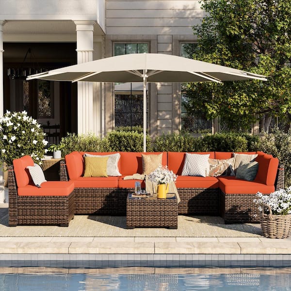 7-Piece Brown Wicker Patio Conversation Set with Orange Cushions