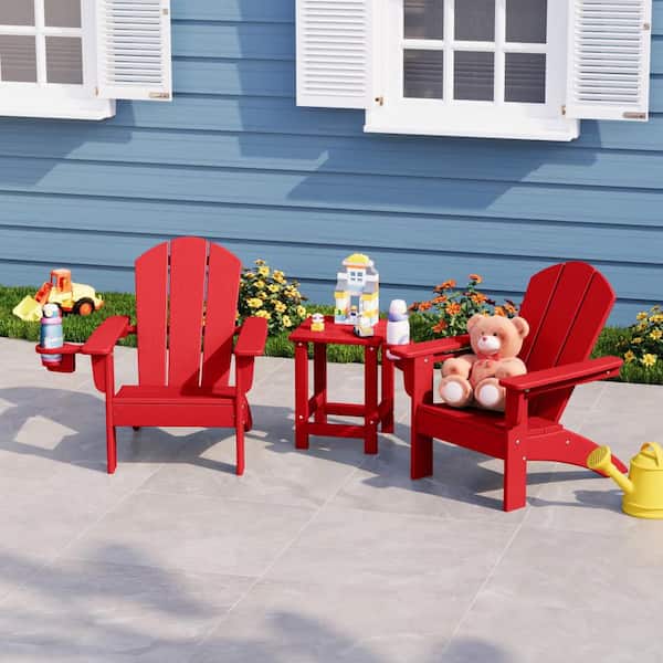 Children's Laguna Outdoor Patio 3-Piece All Weather Kids Poly Plastic Adirondack Chairs w/ Side Table Set, Red