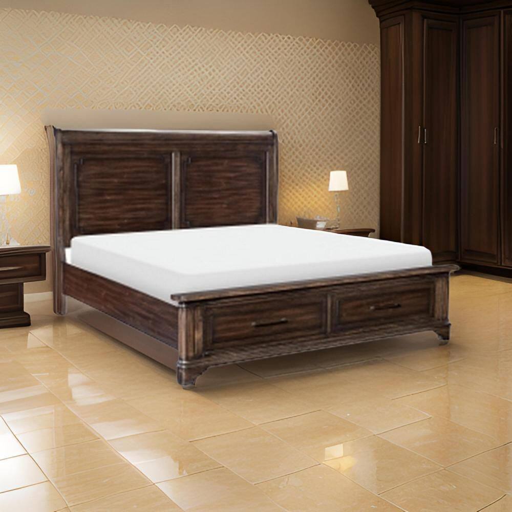 Amey Brown and Bronze Wood Frame Queen Panel Bed with Rustic Style Panel Headboard