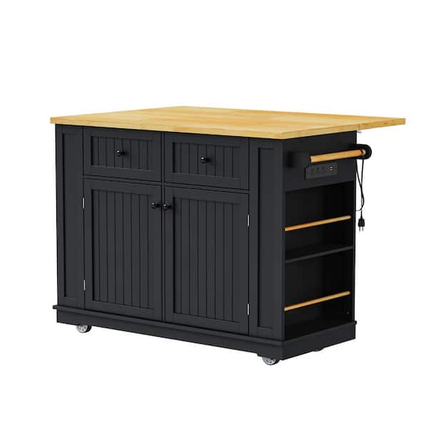 Large Black Drop Leaf Wood Tabletop 48 in. Kitchen Island Cart with Power Outlet, Wheels and Internal Storage Rack