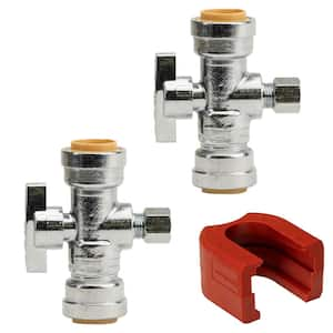 1/2 in. Push-to-Connect x 1/2 in. Push-to-Connect x 1/4 in. O.D. Compression Chrome Brass 3-Way Stop Valve Tee (2-Pack)