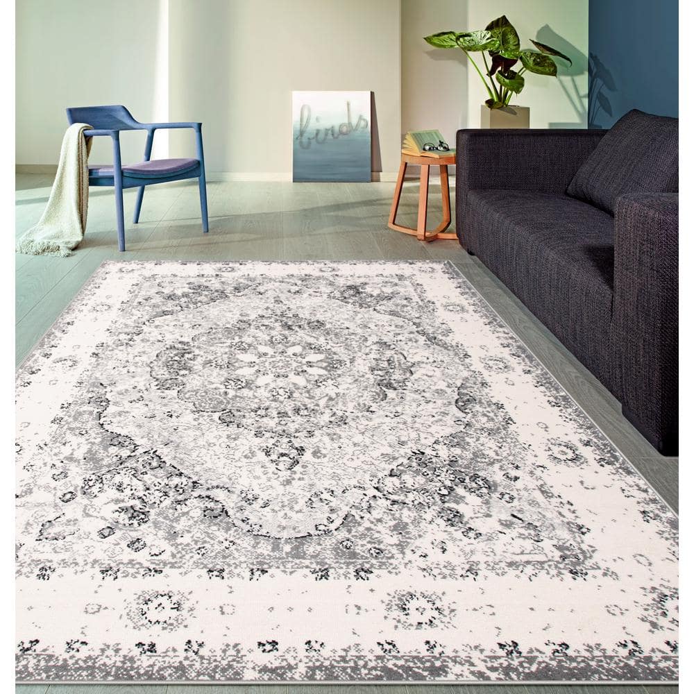 Bohemian Distressed Medallion 5' x 7' Gray Synthetic Area Rug