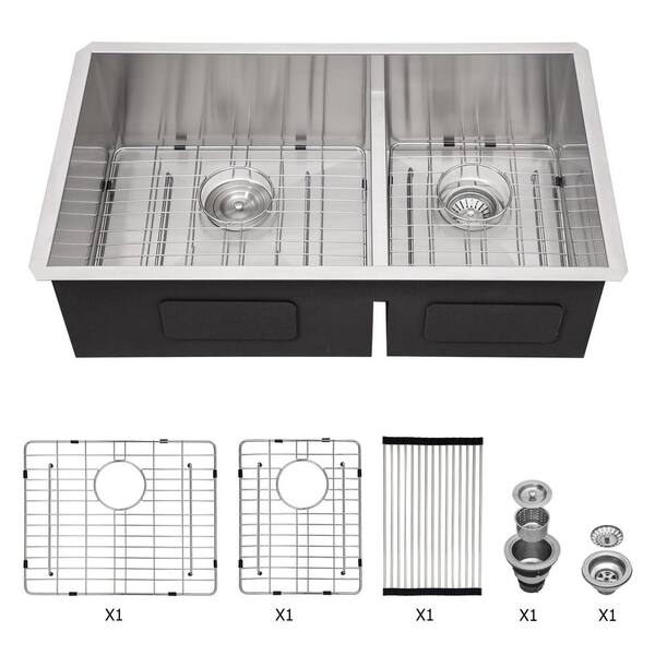 RAINLEX 30 in. L x 19 in. W Undermount Double Bowls 16-Gauge Stainless Steel Kitchen Sink in Brushed Nickel