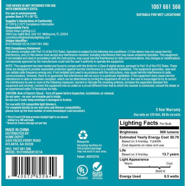 EcoSmart 100-Watt B13 E12 Candelabra LED Edison Light Bulb