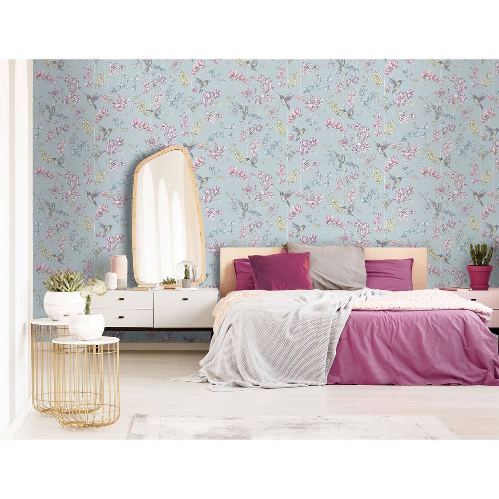 Teal Non-Pasted Hummingbird Trail Wallpaper with Glitter Highlights