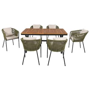 7-Piece All-Weather Metal Frame Green Rope Weaving Outdoor Dining Set with Beige Removable Cushions and Pillows