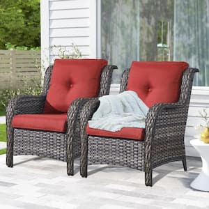 ArcoBay Metal and Gray Wicker Outdoor Lounge Chair with Olefin Red Cushions (2-Pack)