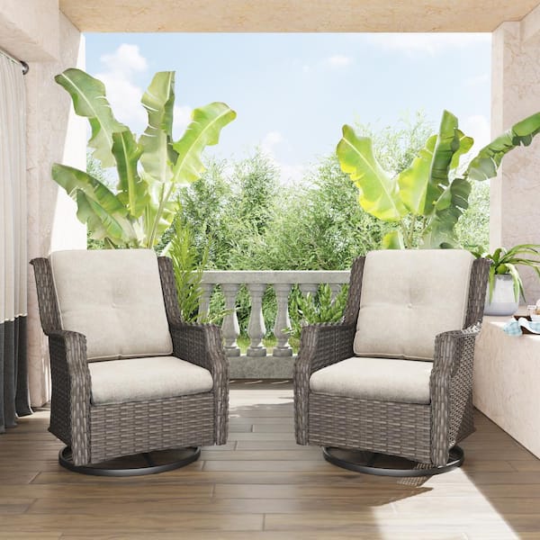 Gardenbee Wicker Patio Outdoor Lounge Chair Swivel Rocking Chair with Beige Cushions (2-Pack)