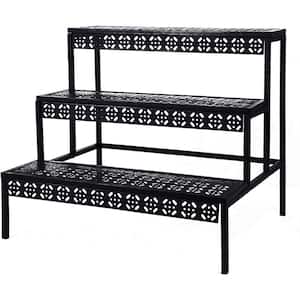 Black Ladder Plant Stand 3 Rectangle Layers Stair Style Metal Vintage Shelf Pattern Flower Pot Rack Indoor & Outdoor