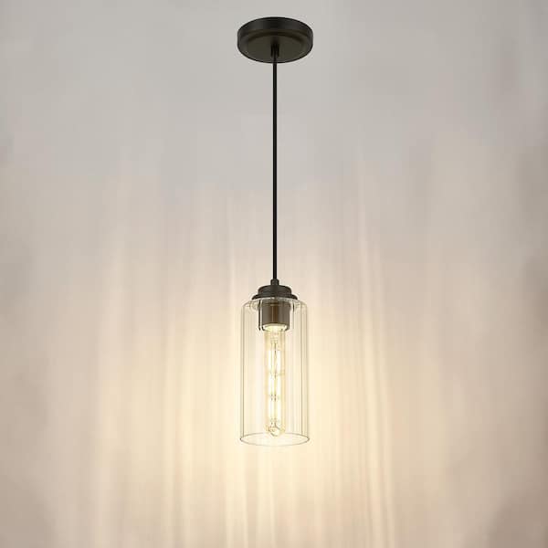 Modern 1-Light Black Pendant Light with Clear Striped Glass Shade, No Bulbs Included