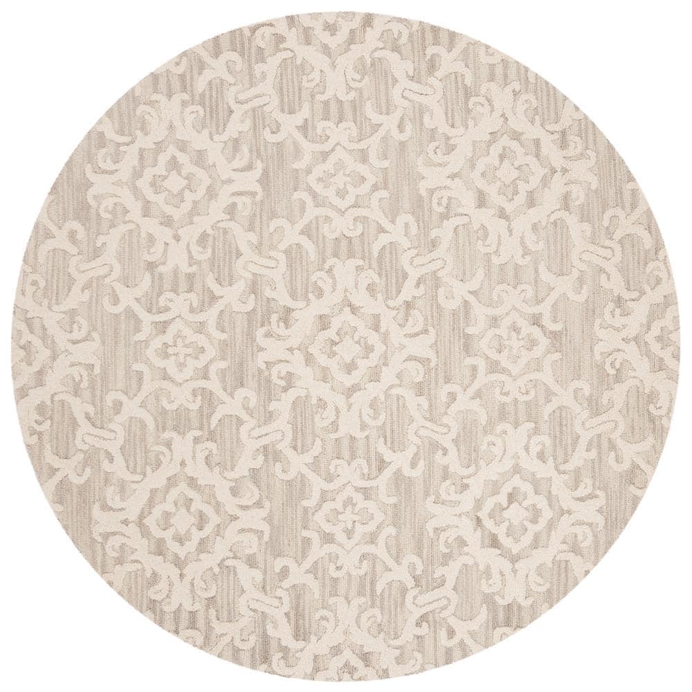 Gray Floral Handmade Wool Round Area Rug